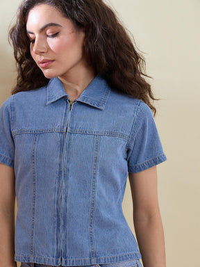 Blue Denim Zipper Front Top With Cargo Jeans-SASSAFRAS