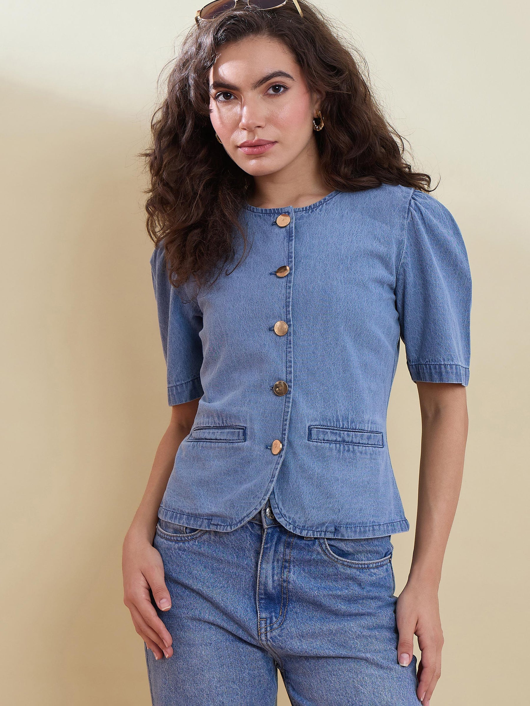 Blue Denim Button Front Top-SASSAFRAS