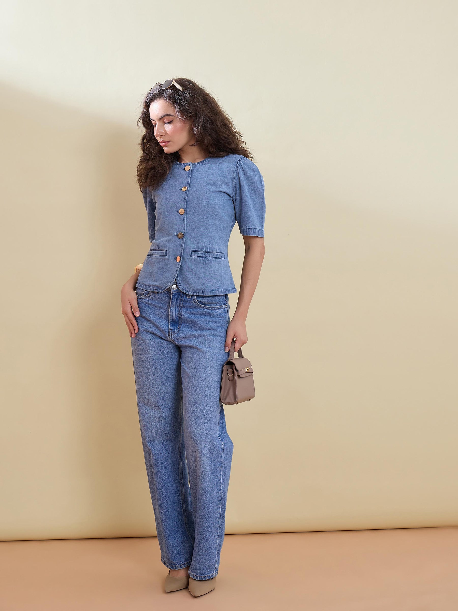 Blue Denim Button Front Top-SASSAFRAS