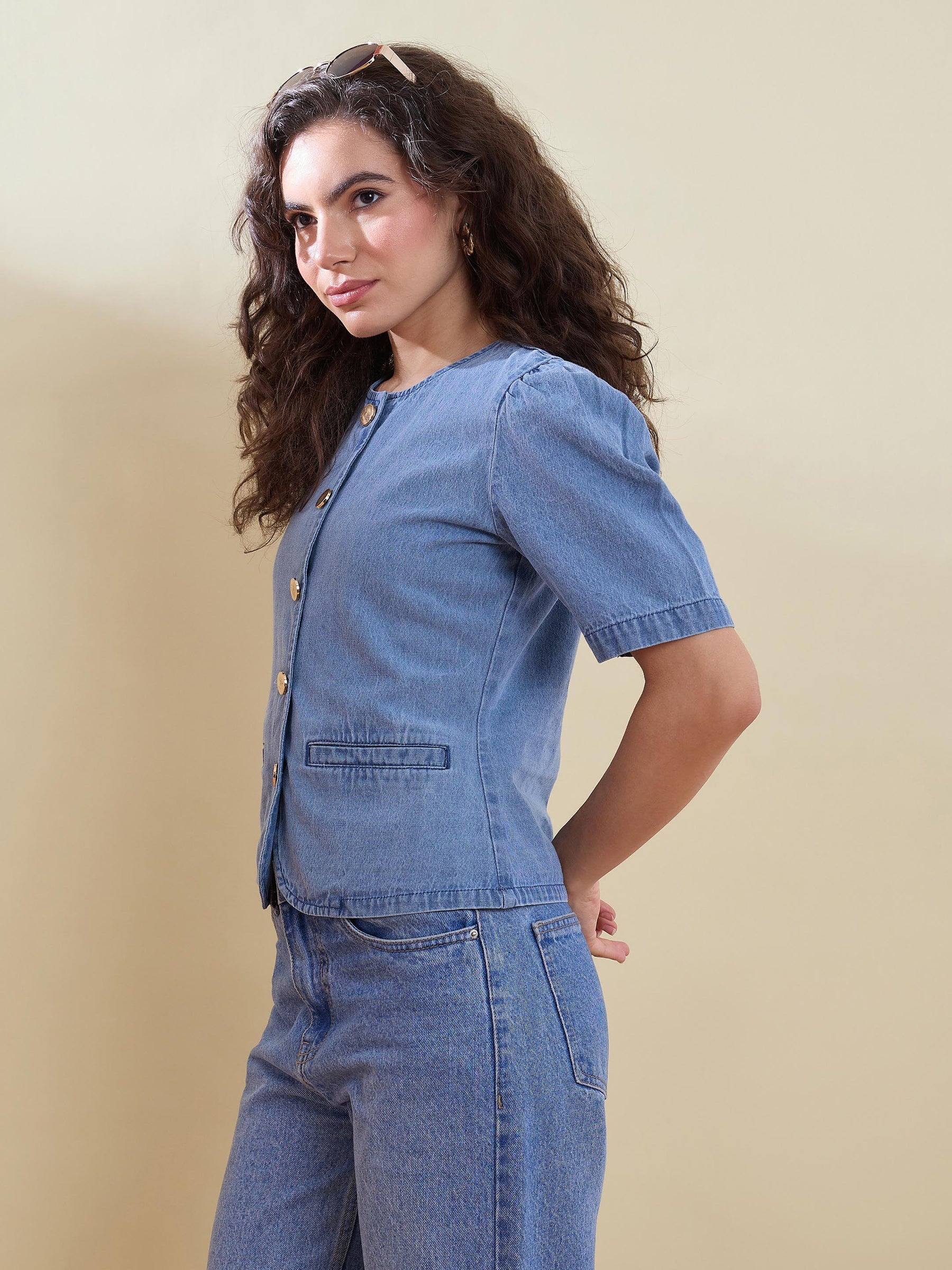 Blue Denim Button Front Top-SASSAFRAS