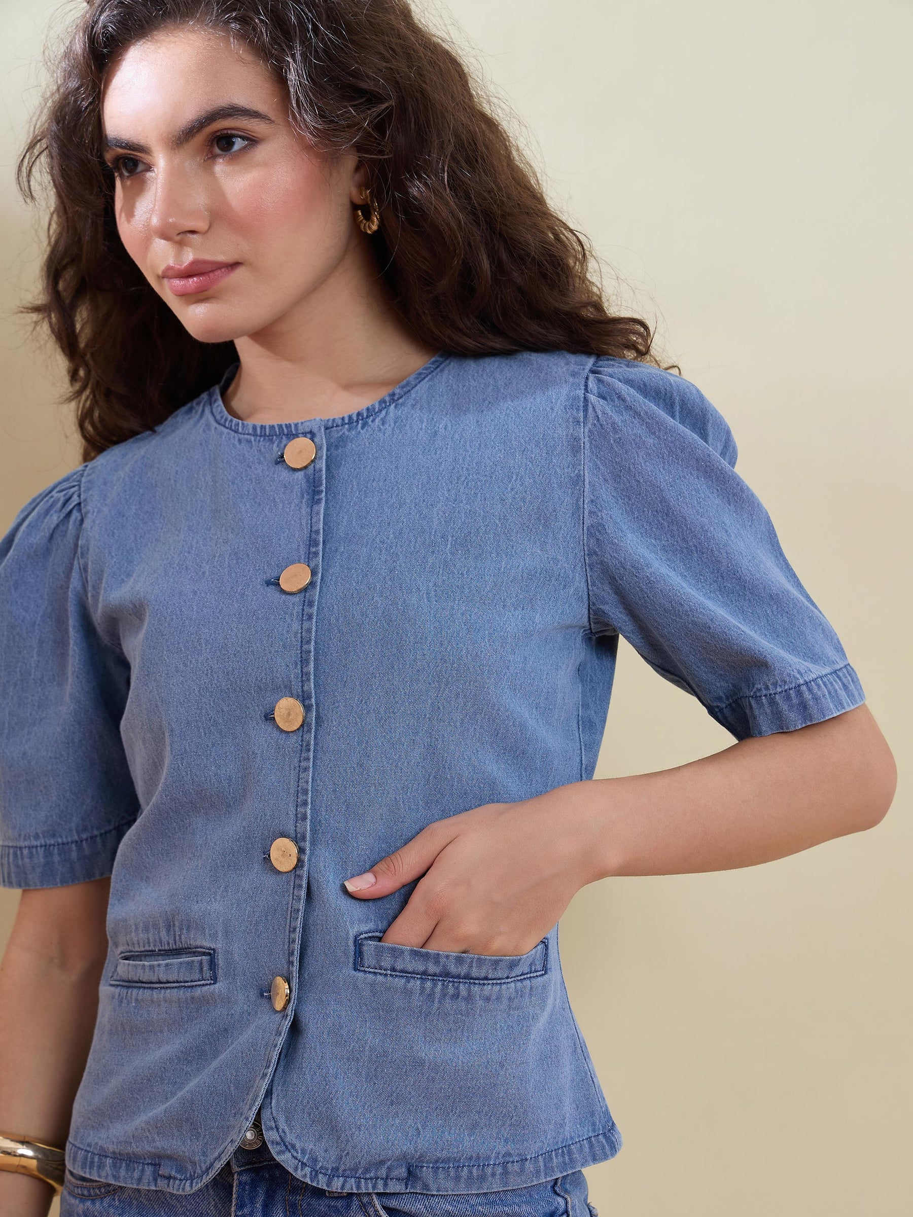 Blue Denim Button Front Top-SASSAFRAS
