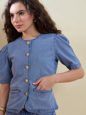Blue Denim Button Front Top-SASSAFRAS