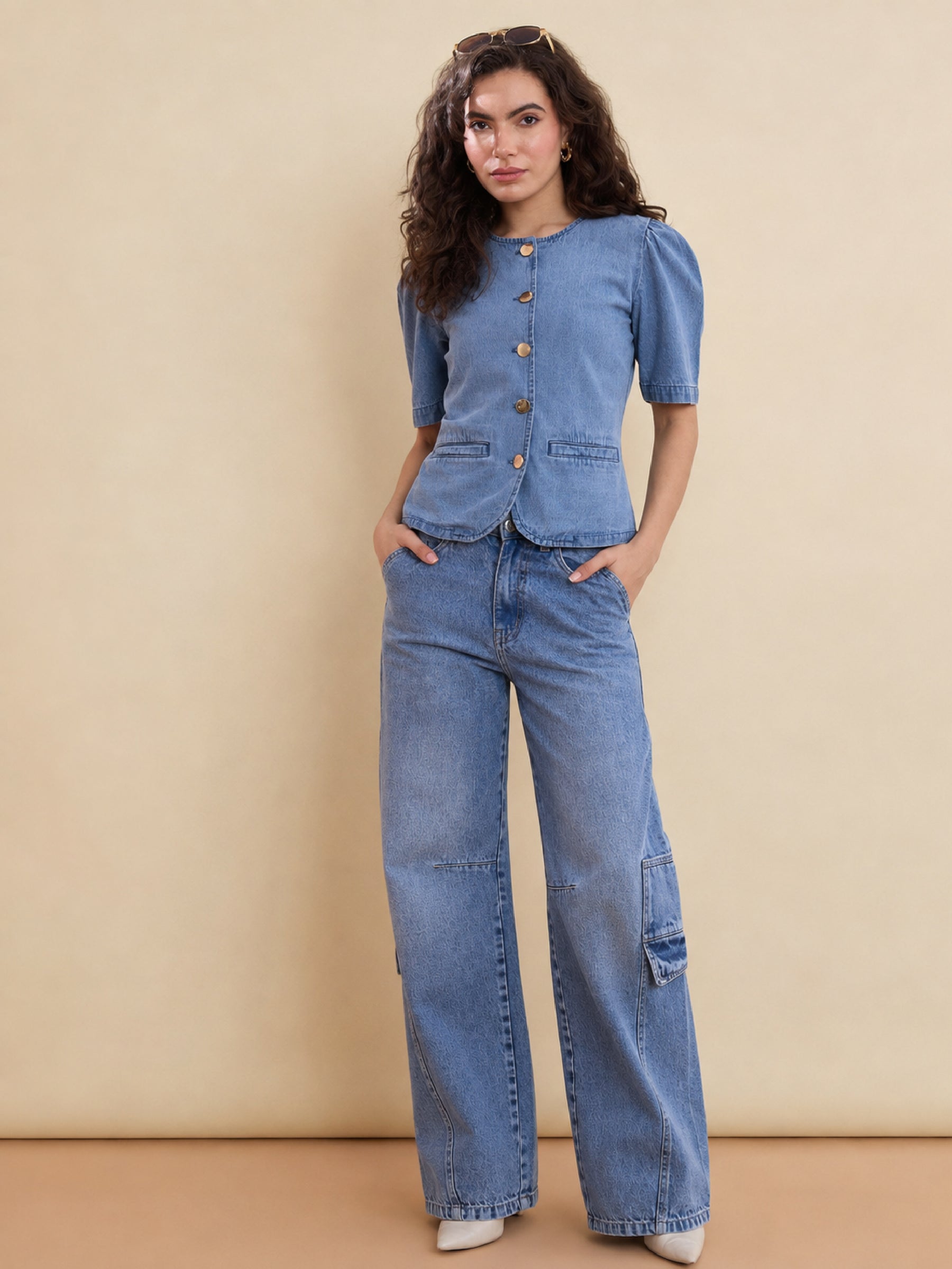 Blue Denim Button Front Top With Cargo Jeans-SASSAFRAS