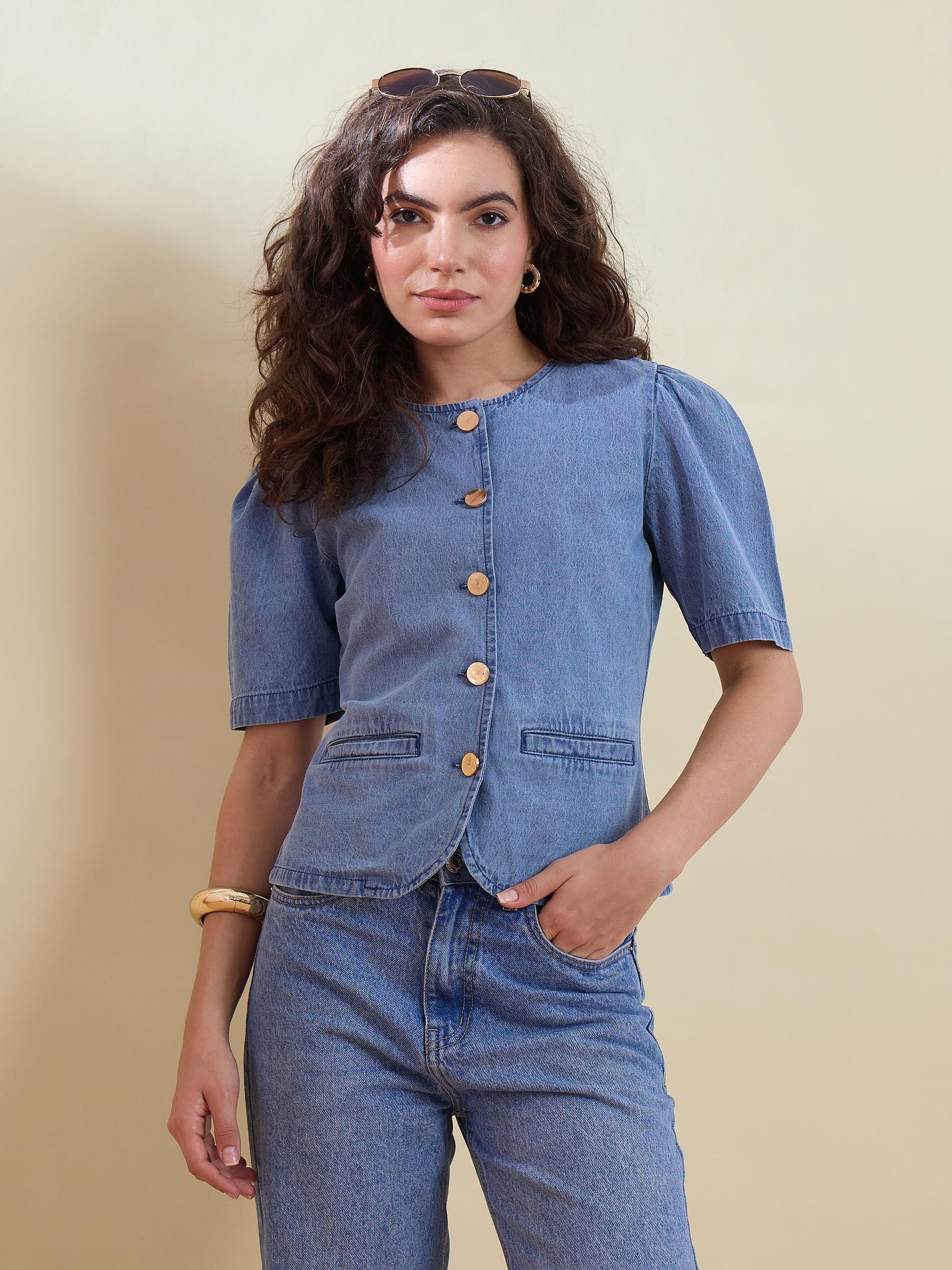 Blue Denim Button Front Top With Cargo Jeans-SASSAFRAS