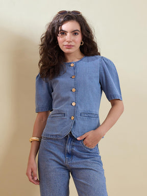 Blue Denim Button Front Top With Cargo Jeans-SASSAFRAS