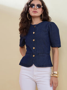 Navy Denim Button Front Top -SASSAFRAS