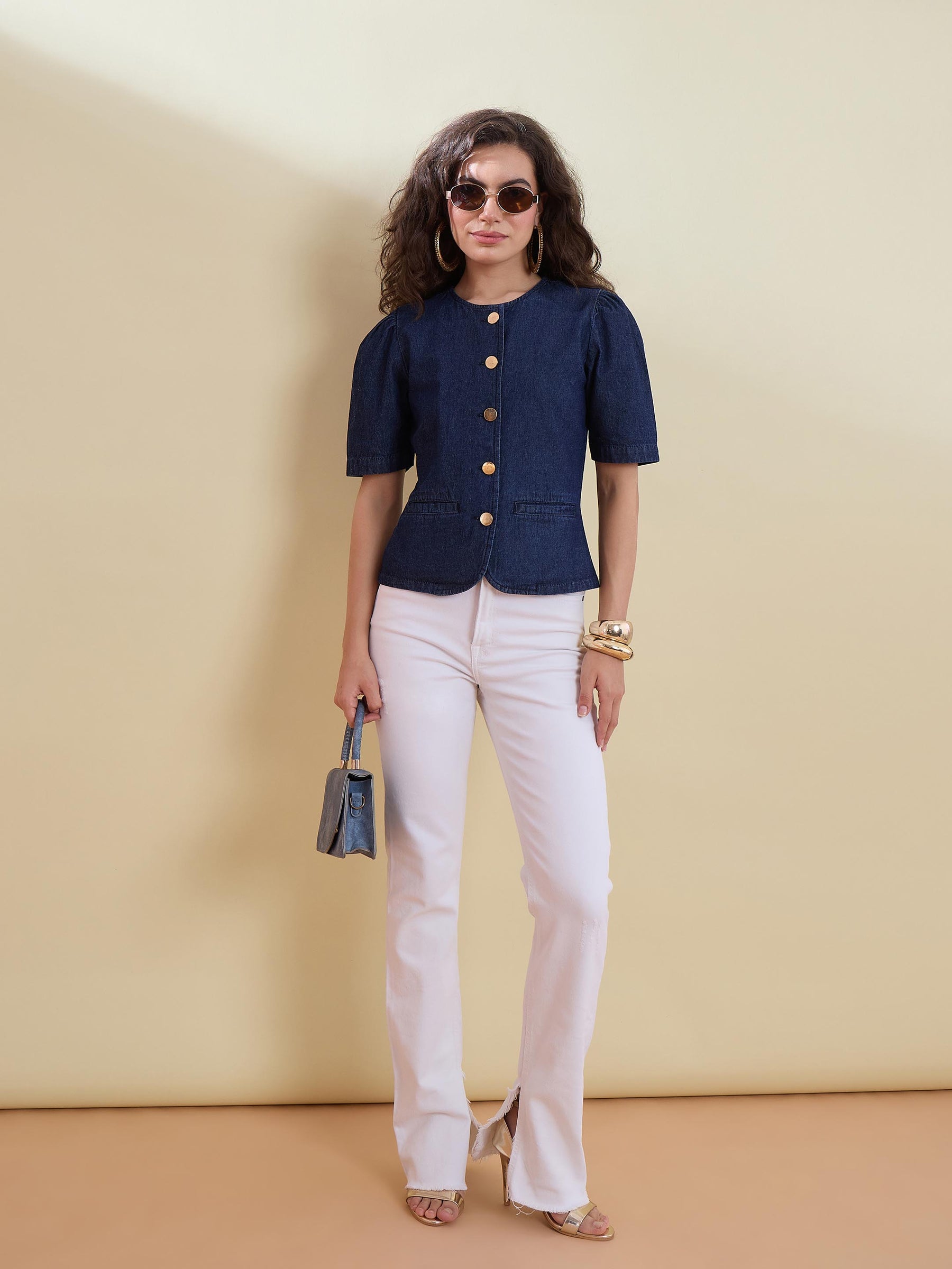 Navy Denim Button Front Top -SASSAFRAS