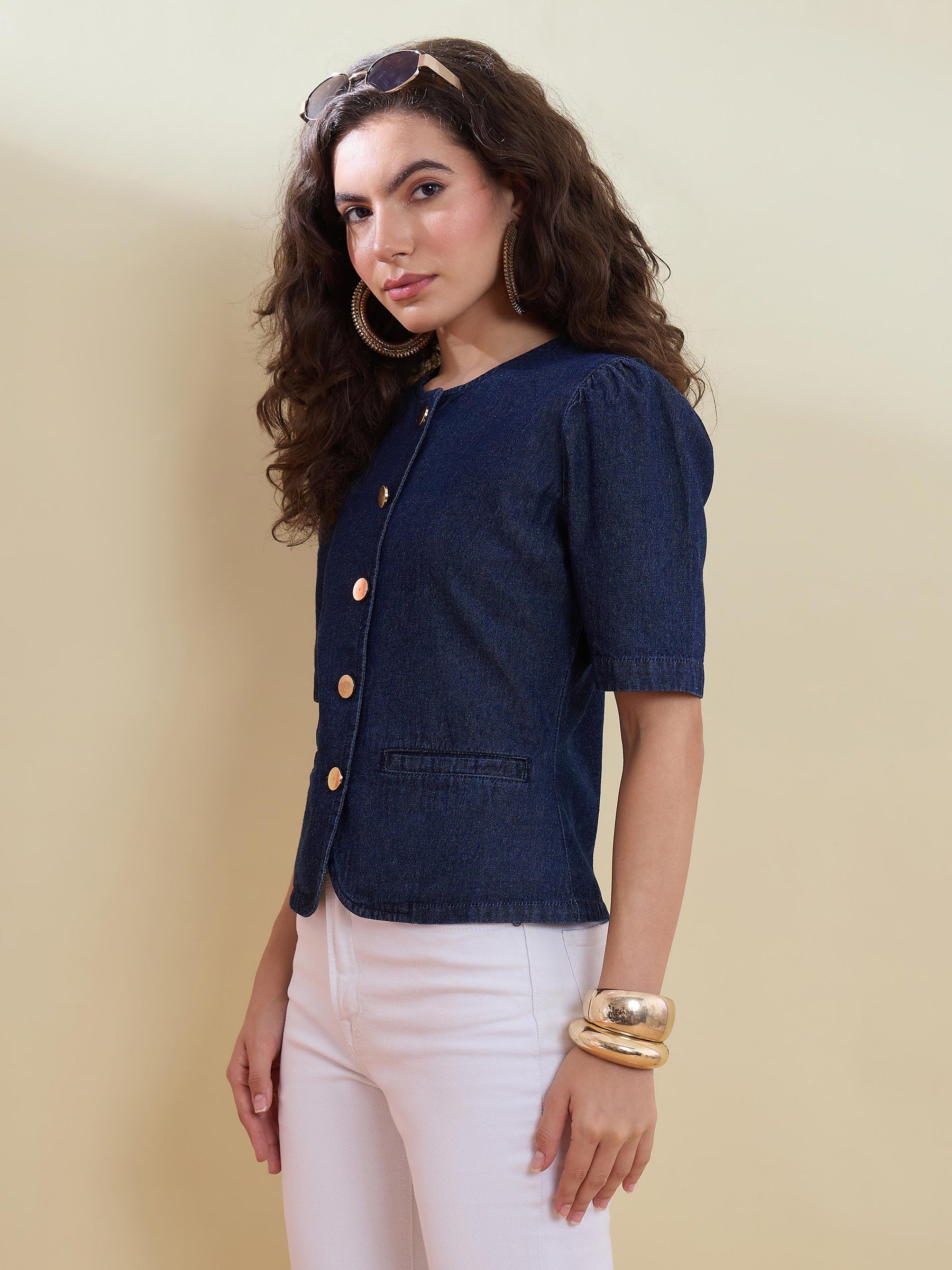 Navy Denim Button Front Top -SASSAFRAS