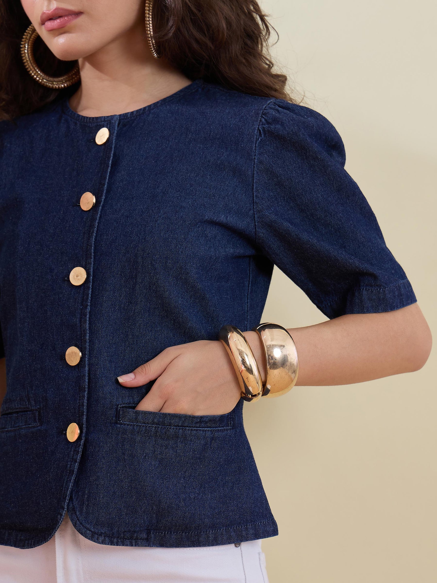 Navy Denim Button Front Top -SASSAFRAS