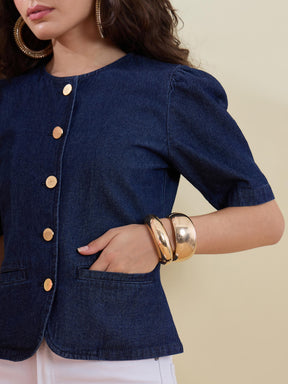 Navy Denim Button Front Top -SASSAFRAS