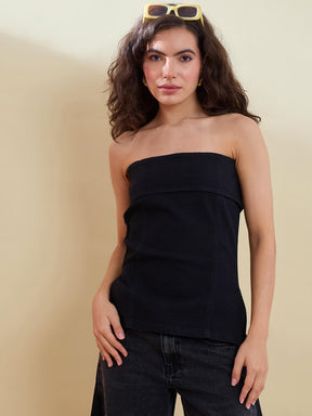 Black Denim Back Zipper Tube Top-SASSAFRAS