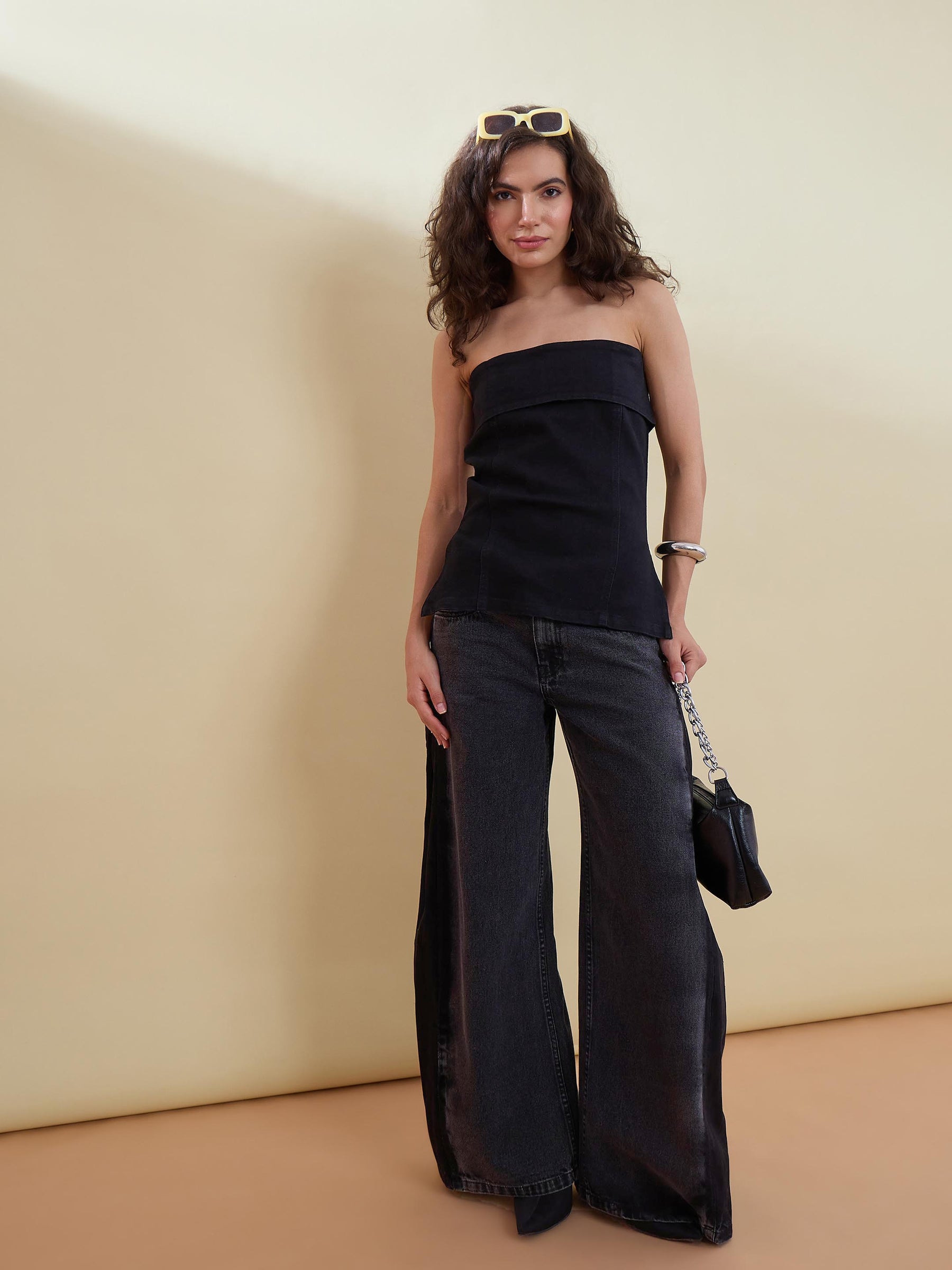 Black Denim Back Zipper Tube Top-SASSAFRAS