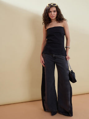 Black Denim Tube Top With Low Waist Jeans-SASSAFRAS