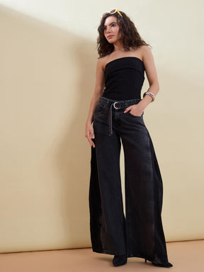Black Denim Tube Top With Low Waist Jeans-SASSAFRAS