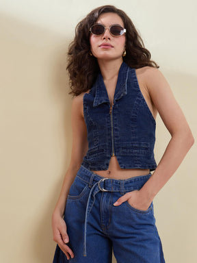 Blue Denim Halter Collared Top-SASSAFRAS