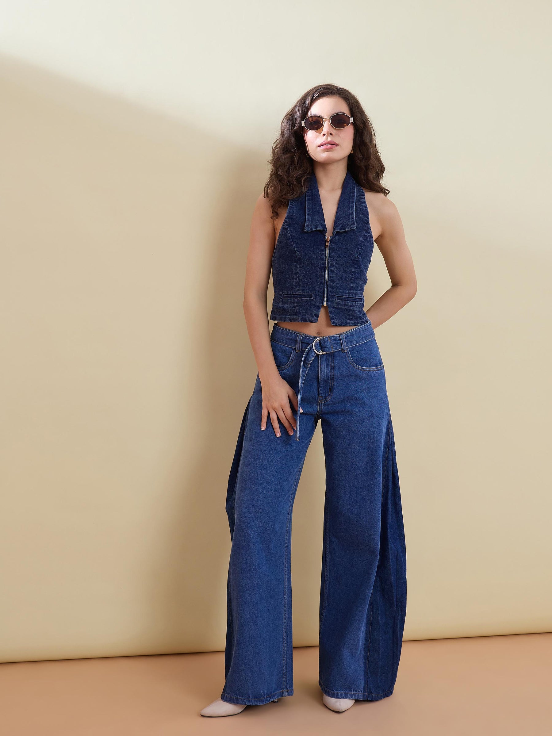 Blue Denim Halter Collared Top-SASSAFRAS