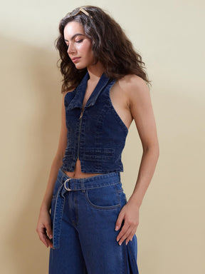 Blue Denim Halter Collared Top-SASSAFRAS