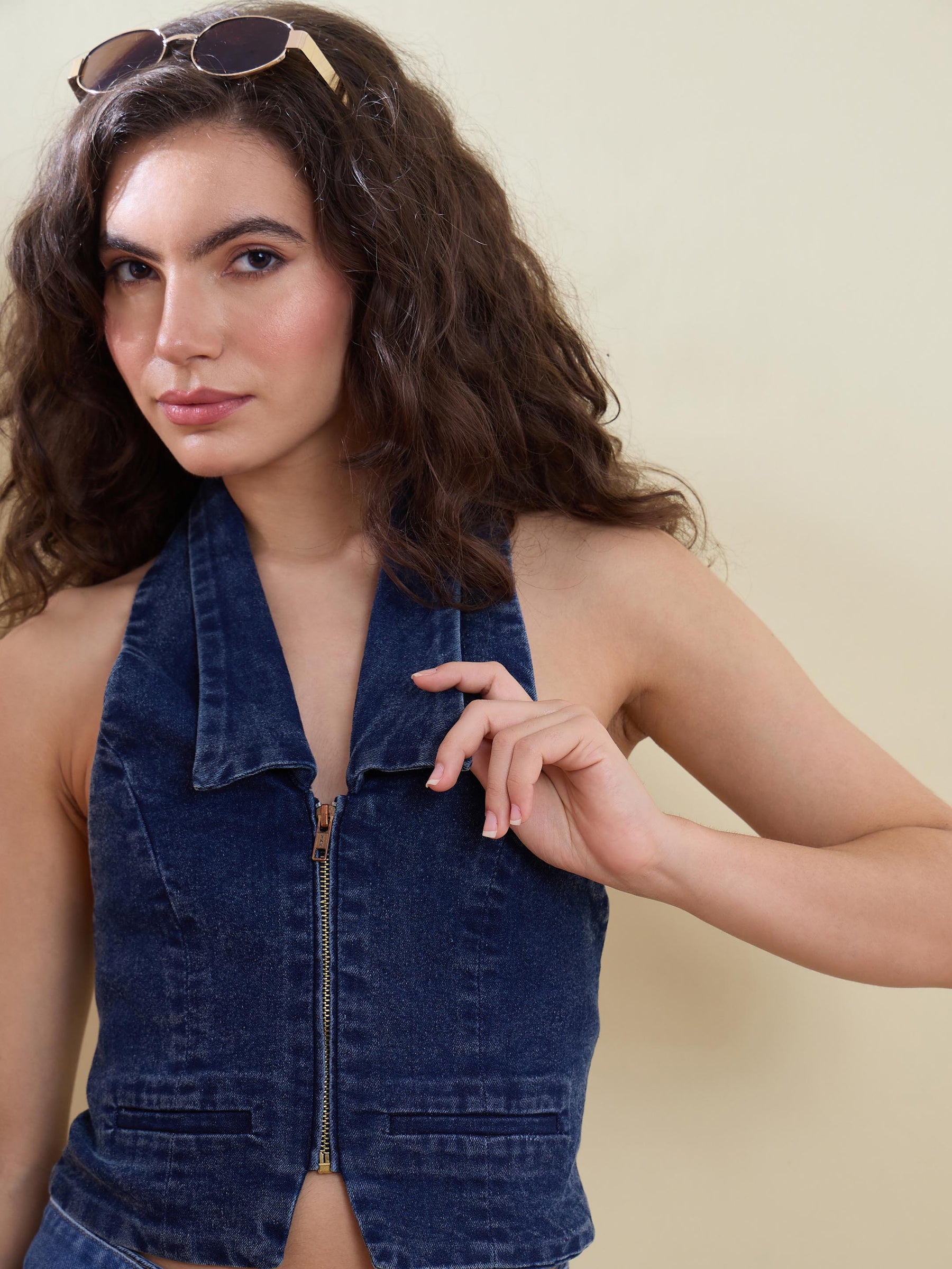 Blue Denim Halter Collared Top-SASSAFRAS