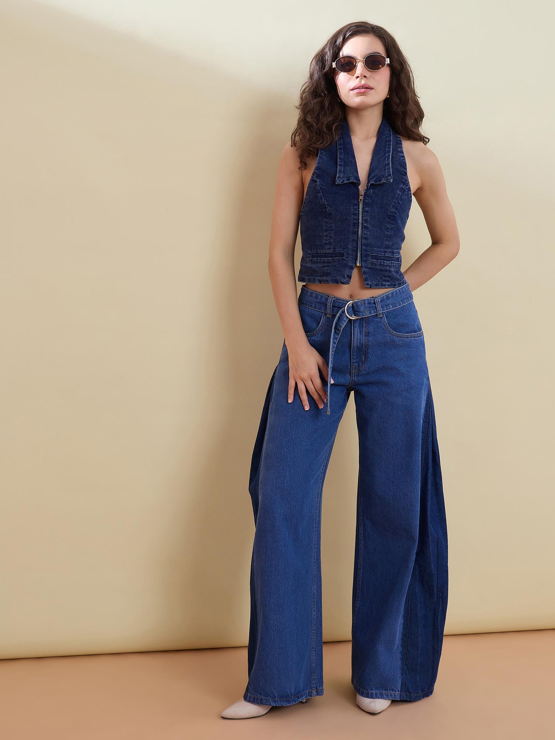 Blue Denim Halter Collared Top With Low Waist Jeans-SASSAFRAS