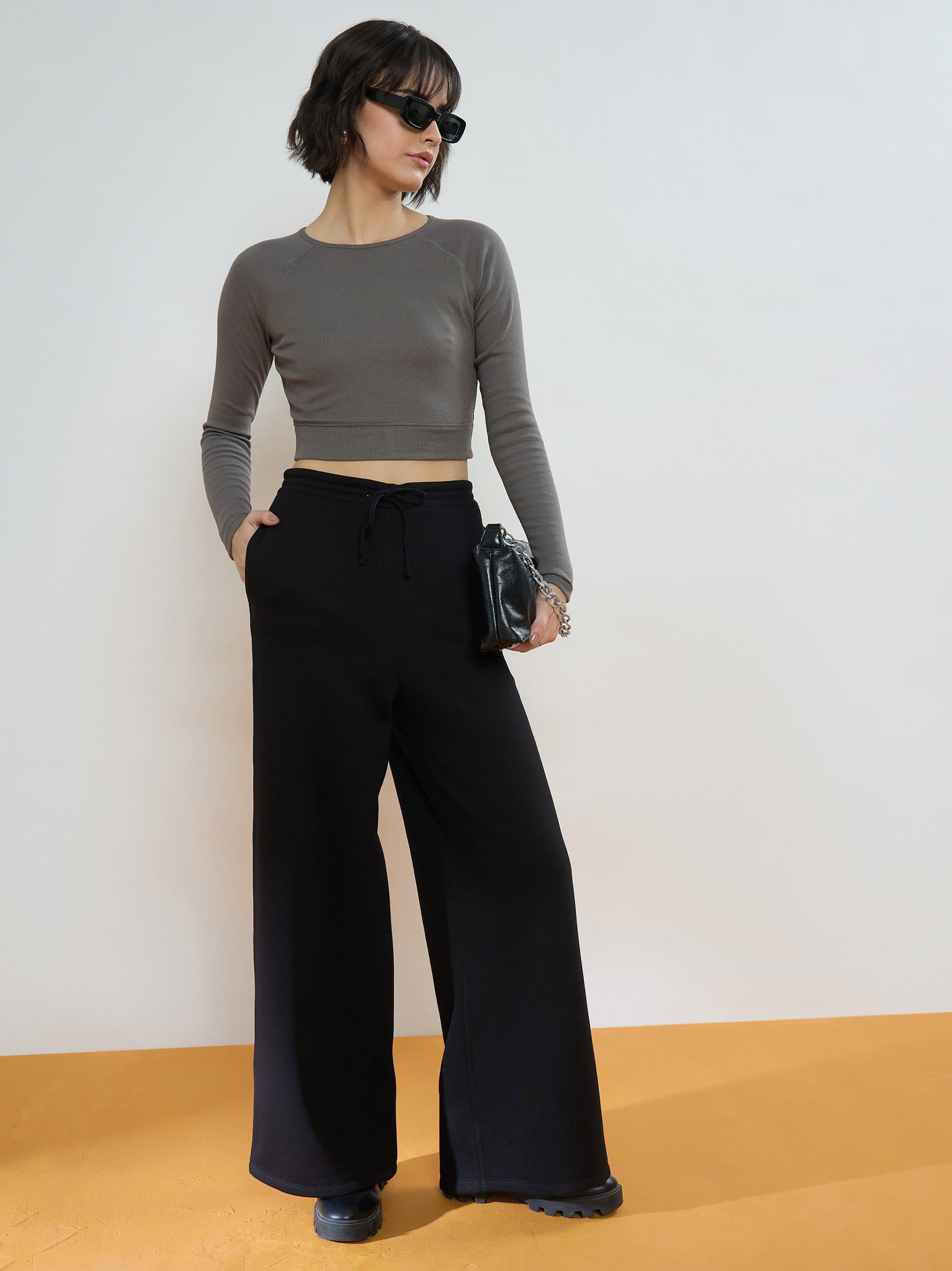 Grey Rib Full Sleeve ACTIVE Crop Top-SASSAFRAS
