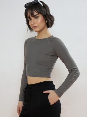 Grey Rib Full Sleeve ACTIVE Crop Top-SASSAFRAS