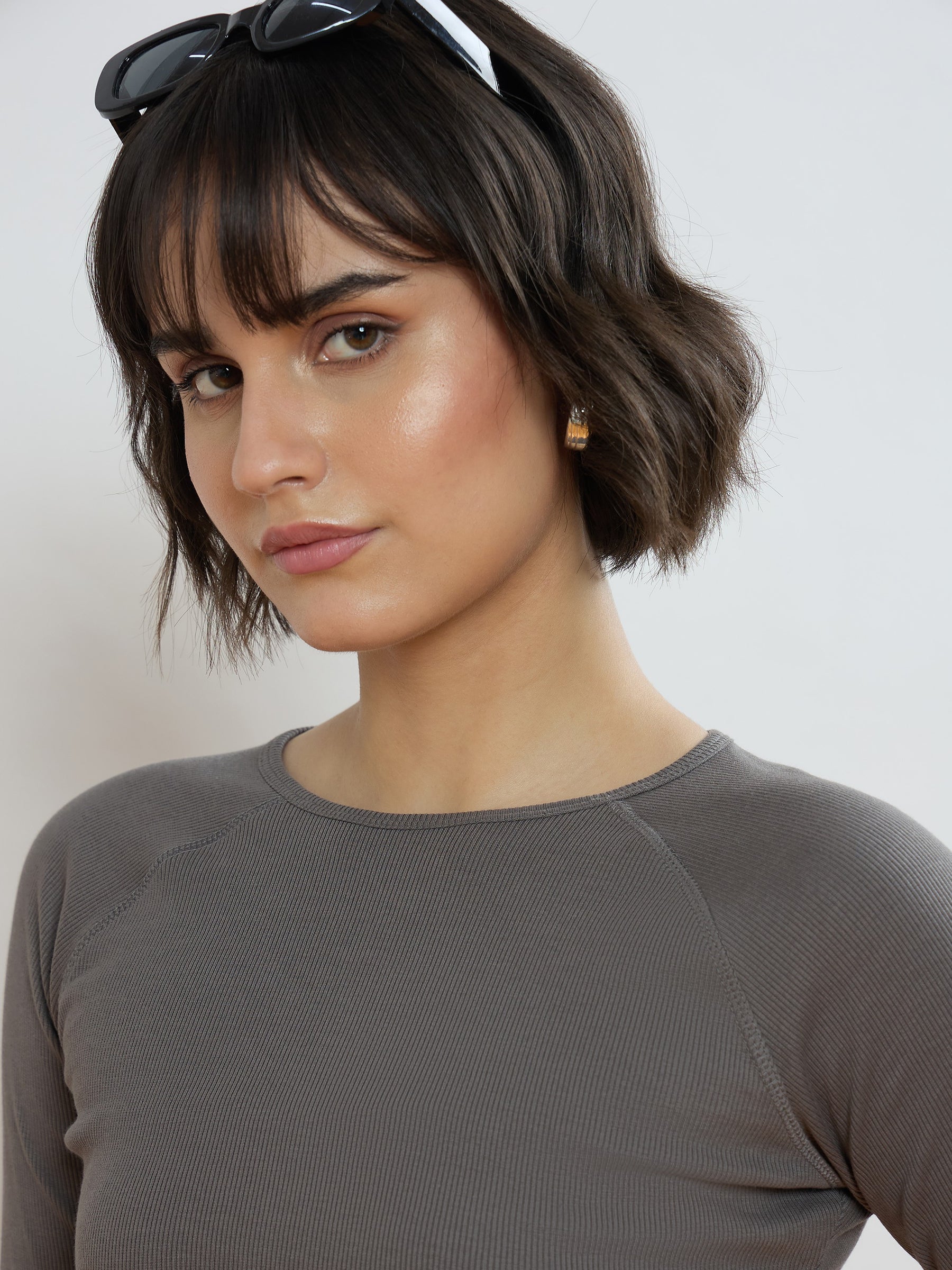 Grey Rib Full Sleeve ACTIVE Crop Top-SASSAFRAS