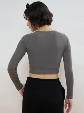 Grey Rib Full Sleeve ACTIVE Crop Top-SASSAFRAS