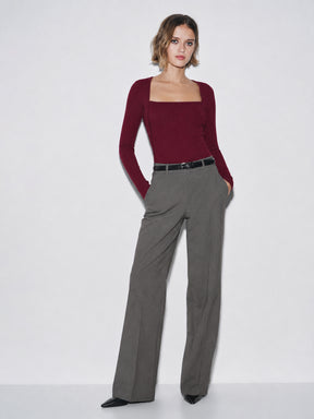 Burgundy Rib Square Neck Full Sleeves Top-SASSAFRAS