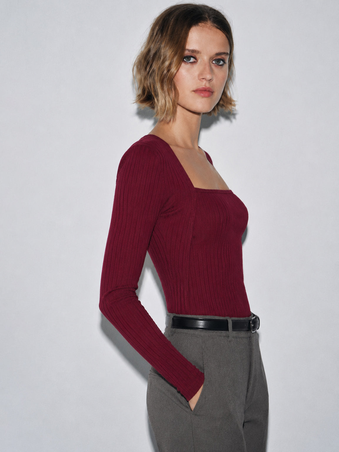 Burgundy Rib Square Neck Full Sleeves Top-SASSAFRAS