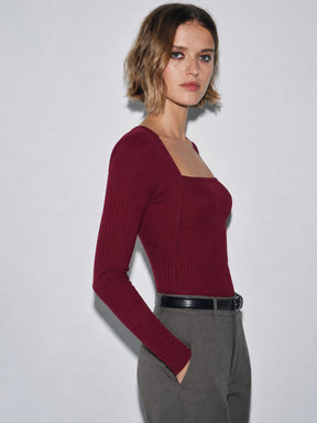 Burgundy Rib Square Neck Full Sleeves Top-SASSAFRAS