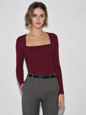 Burgundy Rib Square Neck Full Sleeves Top-SASSAFRAS