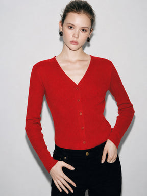 Red Rib Front Open Cardigan Top-SASSAFRAS