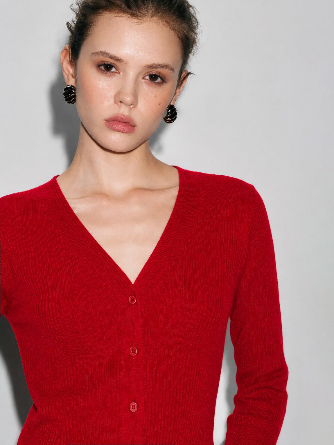 Red Rib Front Open Cardigan Top-SASSAFRAS
