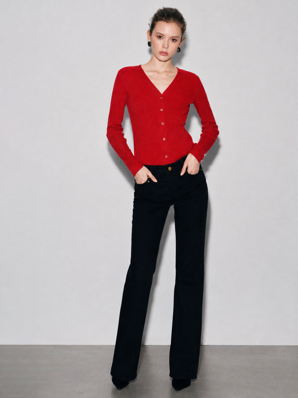Red Rib Front Open Cardigan Top-SASSAFRAS