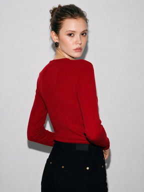 Red Rib Front Open Cardigan Top-SASSAFRAS