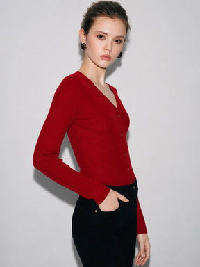 Red Rib Front Open Cardigan Top-SASSAFRAS