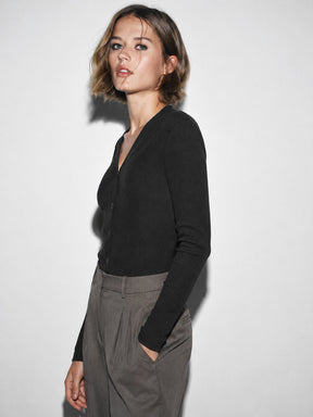 Black Rib Front Open Cardigan Top-SASSAFRAS