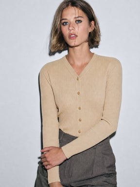 Beige Rib Front Open Cardigan Top-SASSAFRAS