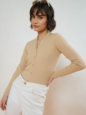 Beige Rib Front Open Cardigan Top-SASSAFRAS