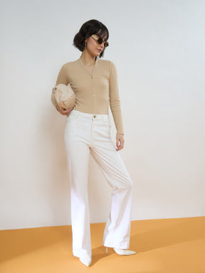 Beige Rib Front Open Cardigan Top-SASSAFRAS