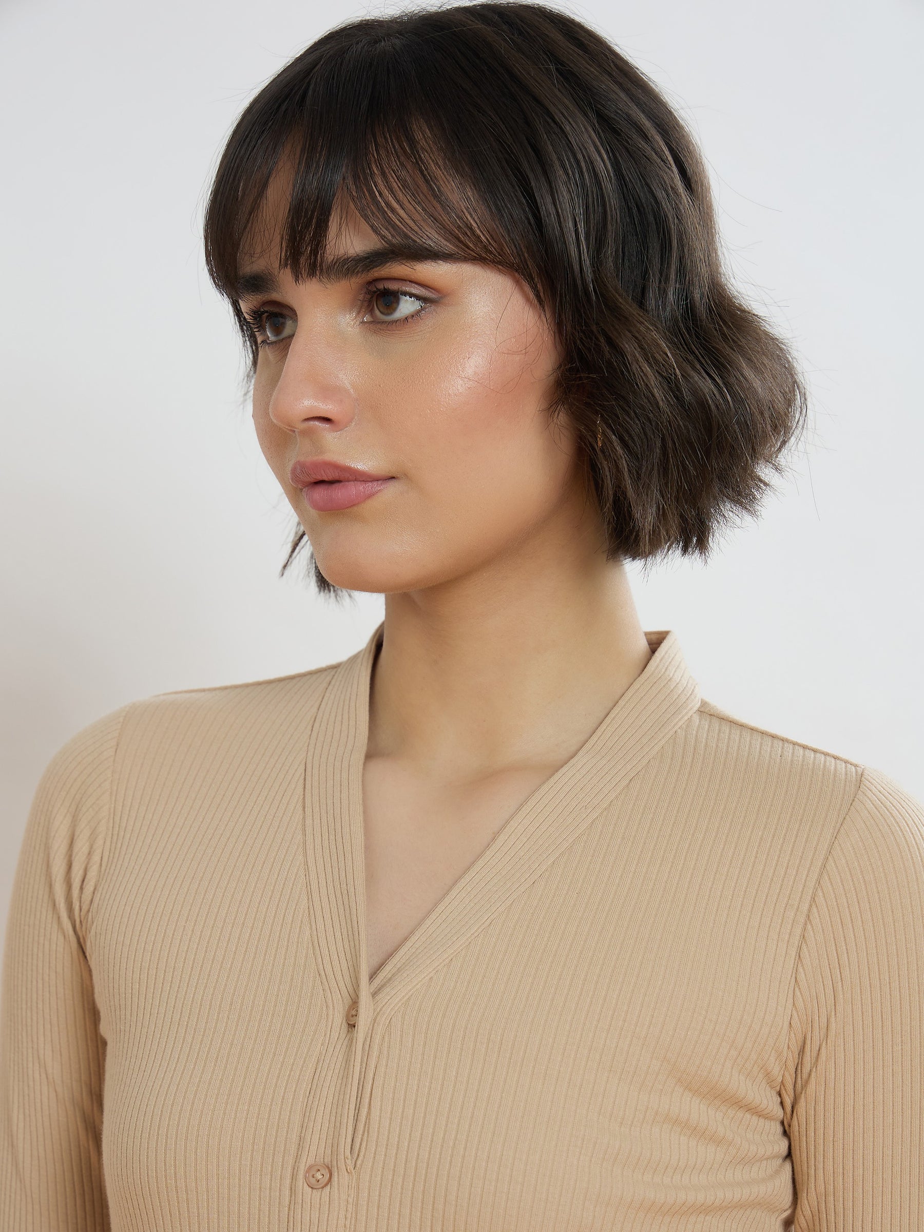 Beige Rib Front Open Cardigan Top-SASSAFRAS