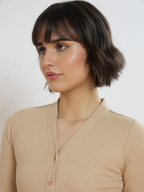 Beige Rib Front Open Cardigan Top-SASSAFRAS