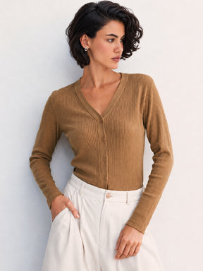 Tan Rib Front Open Cardigan Top-SASSAFRAS