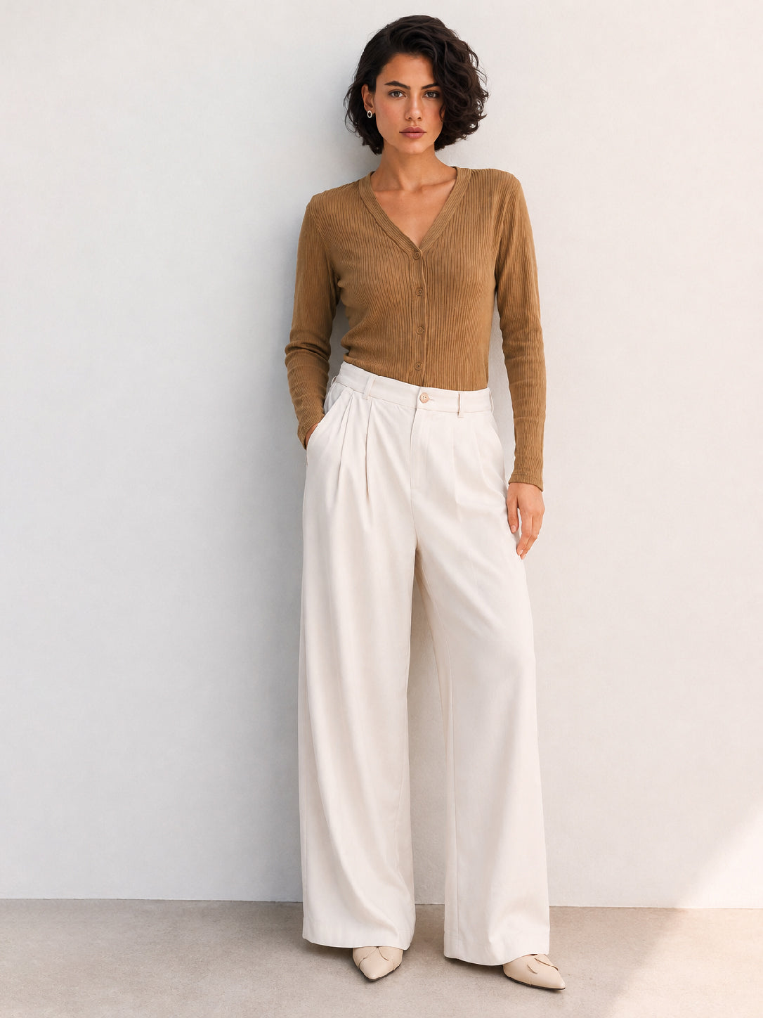 Tan Rib Front Open Cardigan Top-SASSAFRAS