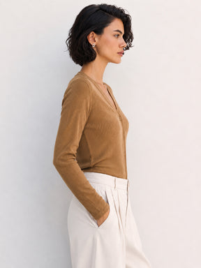 Tan Rib Front Open Cardigan Top-SASSAFRAS