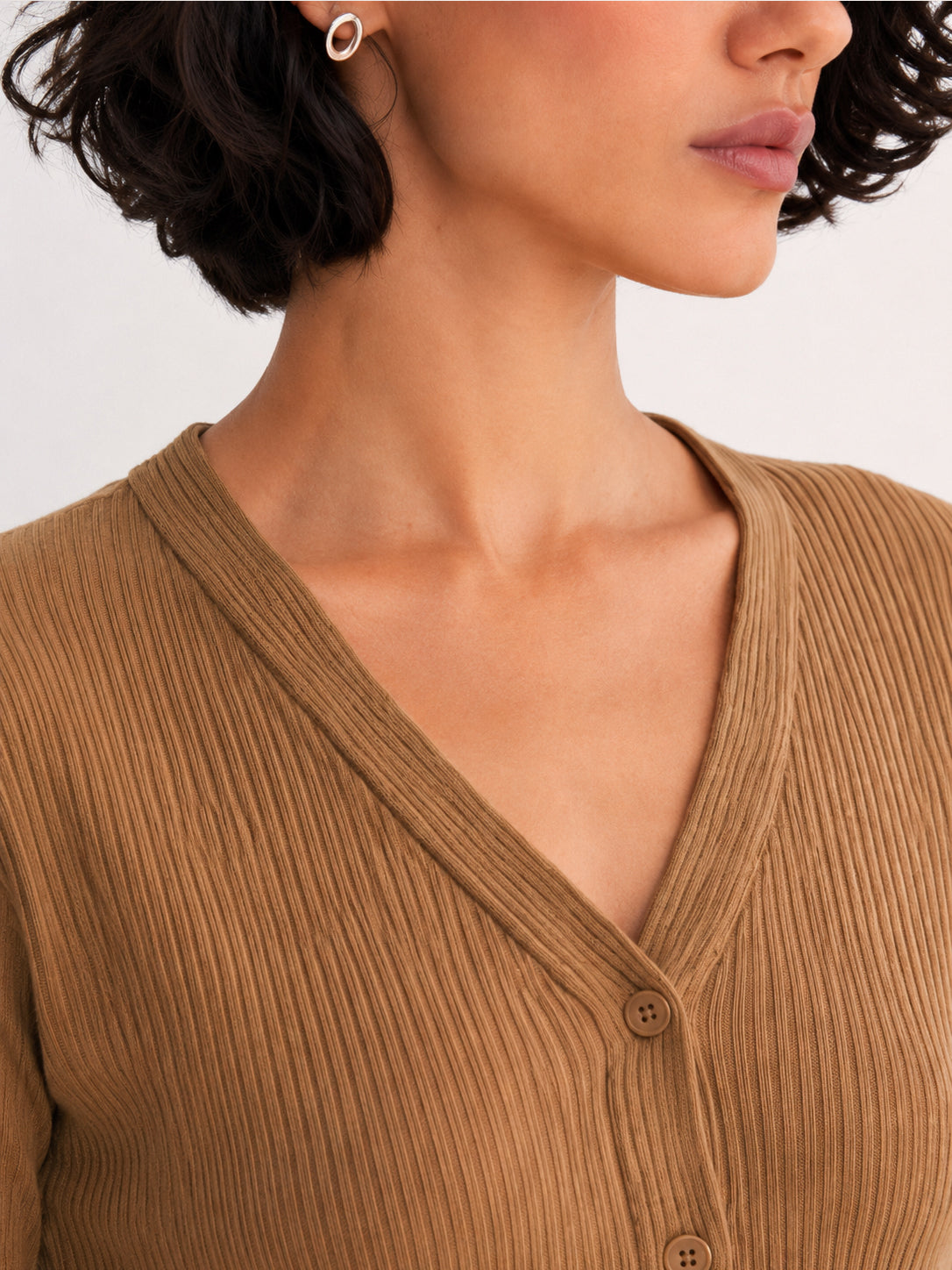 Tan Rib Front Open Cardigan Top-SASSAFRAS