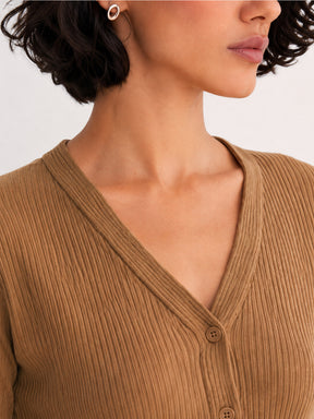 Tan Rib Front Open Cardigan Top-SASSAFRAS