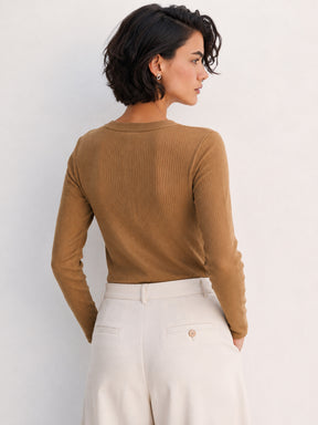 Tan Rib Front Open Cardigan Top-SASSAFRAS