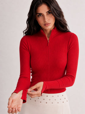 Red Rib High Neck Front Zipper Top-SASSAFRAS