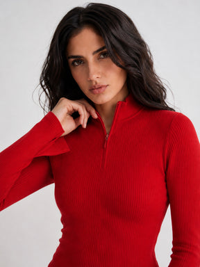 Red Rib High Neck Front Zipper Top-SASSAFRAS